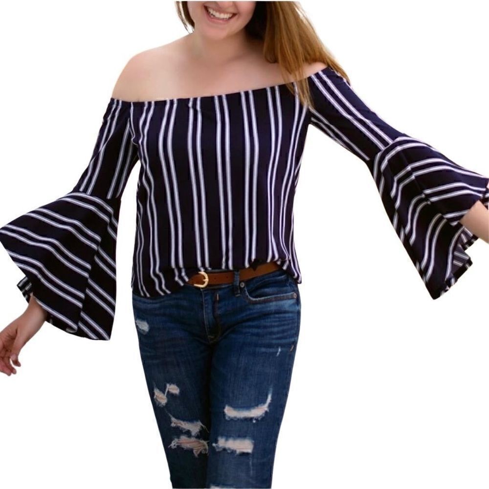 Express navy blue and white striped off shoulder bell sleeve top size M